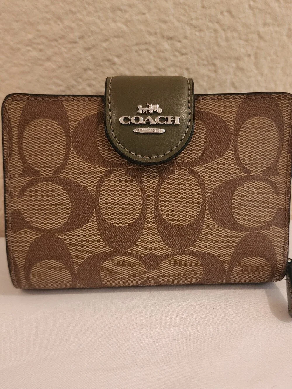Coach Medium Corner Zip Wallet in Signature Canvas with Sage Leather Trim